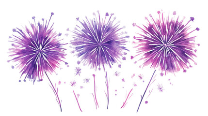 Watercolor fireworks exploding with purple and pink splashes on transparent background