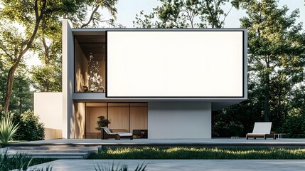 Wall Mural - Modern house with a large blank screen, surrounded by greenery and outdoor seating.