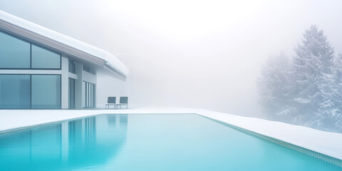 Canvas Print - Modern winter house with foggy landscape and minimalist pool creating serene atmosphere