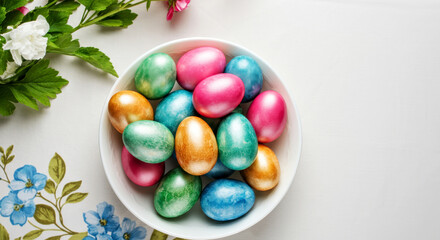 Wall Mural - Vibrant Easter Eggs in a White Bowl Surrounded by Blooming Spring Flowers on a Floral Tablecloth. Easter concept