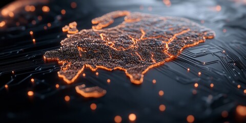 Poster - Futuristic Global Data Visualization Luminous Fiber Optic Cityscape on Textured Circuit Board for Tech Innovation in Network Infrastructure and Digital Connectivity Solutions