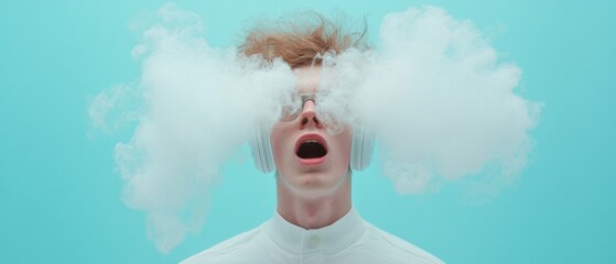 Poster - Vaporwave Aesthetic Portrait Young Male with Headphones Amidst Smoke Clouds - Contemporary Digital Art and Trendy Visual Content for Creative Industries