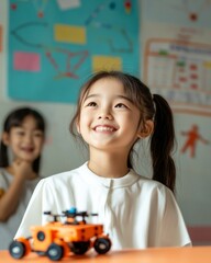 Fototapete - Interactive Robotics Workshop Dynamic Learning Scene with Smiling Korean Girl, 11, Observing Tech Toy in Classroom - Inspiring Educational Content and STEM Promotion