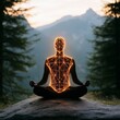 © Ryzhkov - Sacred Geometry Meditation Illuminated Figure in Nature with Digital Mesh - Wellness Visuals for Mindfulness Campaigns and Spiritual Apps