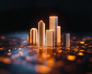 Poster - Futuristic Skyline Vision Illuminated Metallic Towers in Geometric Patterns - Smart City Concept for Urban Development and Innovative Architectural Solutions