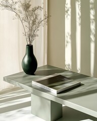 Wall Mural - A minimalist table with a vase and a book, illuminated by soft shadows.