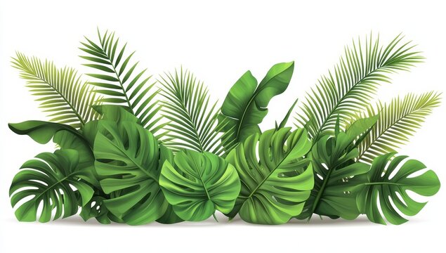 lush green tropical foliage arrangement with monstera, palm, and banana leaves isolated on white bac