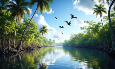 Sticker - Tranquil river scene with palm trees