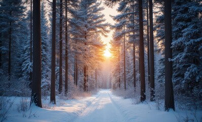 Wall Mural - Tranquil winter sunset in snowy forest