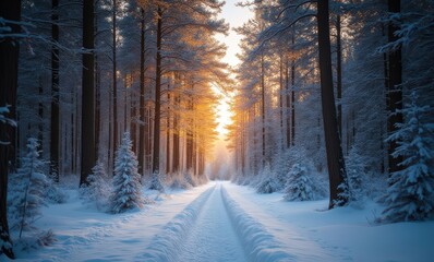 Wall Mural - Winter sunset in a snowy forest