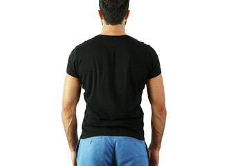 Poster - Back view of a man wearing a plaint-shirt and blue shorts, standing against a white background. Apparel presentation or design concept