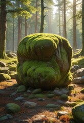 Wall Mural - Large moss-covered boulder in a sunlit forest clearing, forest, weathered stone, botanical