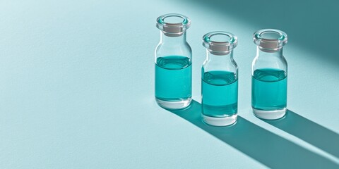Aufkleber - Minimalist Chromatic Presentation Teal Liquid Vials on Smooth Aqua Surface - Scientific Content and Clean Laboratory Aesthetics for Educational Innovation