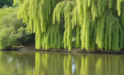 Canvas Print - Lush willow trees reflected on water