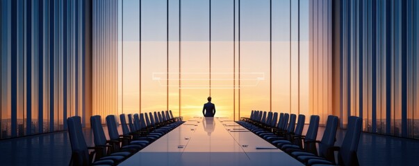 A solitary figure stands at a long conference table, framed by large windows showcasing a vibrant sunset, symbolizing leadership and decision-making.