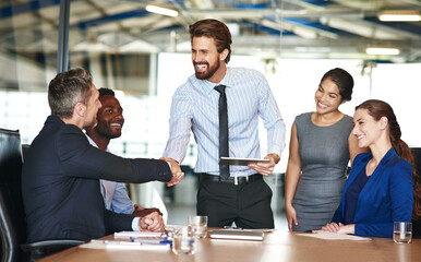 Aufkleber - Shaking hands, contract and business people in office with client for investment deal, offer or agreement. Meeting, negotiation and finance analysts with corporate investor for onboarding handshake.