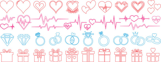 Wall Mural - heart, heartbeat, diamond rings, gifts box vector set. romantic icons for valentine's day, weddings,
