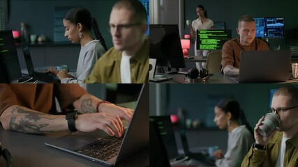Split screen of serious young male Caucasian programmer working with program coding on laptop at desk with his female biracial colleague in office at night