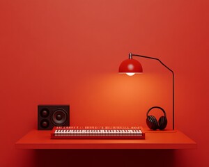 Leinwandbilder - Minimalist Home Studio Setup Synth Keyboard and Speakers on Red Shelf with Sleek Lamp - Modern Digital Music Production and Creative Workspace Design