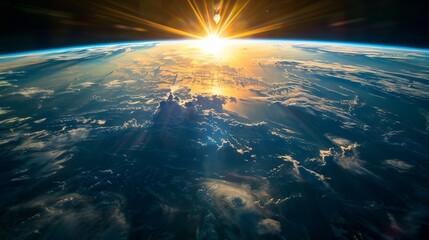 Wall Mural - stunning blue sunrise on earth’s horizon from space, atmospheric glow illuminating the planet agains