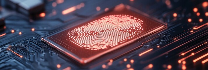 Leinwandbilder - Futuristic Biometric Security Graphic Illuminated Circuit Board with Digital Fingerprint Sensor - Cutting-Edge Access Control for Tech and Cybersecurity Innovation