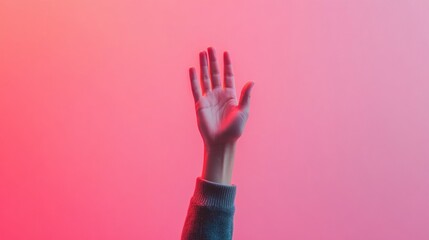 Poster - Contemporary Communication Dynamics Raised Hand Gesture in Neon Light - Enhancing Public Speaking Skills for Modern Leadership and Audience Engagement