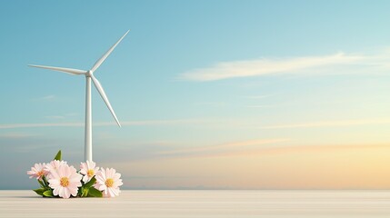 Wall Mural - Sustainable energy solutions, Wind Turbine with Flowers Against Soft Blue Sky at Sunset for Renewable Energy Concept