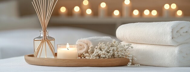 Wall Mural - Relax in a tranquil spa environment featuring a reed diffuser, lit candles, and elegant flowers on a wooden tray in a stylish bathroom