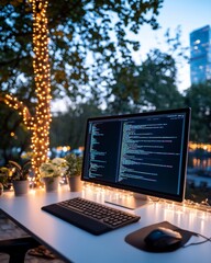 Aufkleber - Modern Outdoor Tech Workspace Programmers Ergonomic Desk Setup with Multi-Screen Display and Ambient Lighting for Enhanced Productivity in Software Development