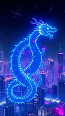 Wall Mural - Neon Dragon Soaring Over a Futuristic City