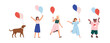© Good Studio - Happy kids holding air balloons, set. Cute children, dog celebrating holiday fun with festive helium baloons in hands. Joyful excited girls, pet. Flat vector illustration isolated on white background