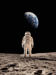 Poster - Futuristic Space Exploration High-Tech Astronaut on Lunar Surface with Earth in View - Advanced Scientific Discovery for Aerospace Industry and Education