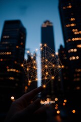 Fototapete - Futuristic Urban Tech Aesthetic Cybersecurity Network Nodes Overlay Across Night Cityscape - Smart City Digital Infrastructure Visualization for Business Security Solutions