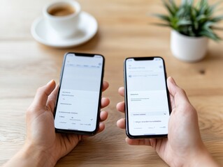Poster - Warm Modern Cafe Peer-to-Peer Money Transfer with Smartphones Over Wooden Table - Fintech Aesthetic for Cashless Transactions and Digital Payment Innovation