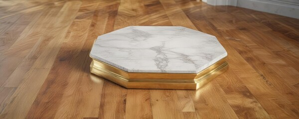 Marble pedestal with a gold border on a wooden floor, border, marble