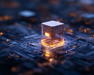 Poster - Futuristic Cybersecurity Glowing Cube on Circuit Board - Digital Protection for High-Tech Business Solutions and Secure Network Infrastructure