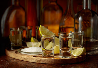 Wall Mural - Gold tequila with salt and lime slices.