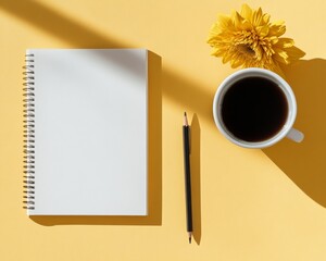 Poster - Minimalist Creative Workspace Open Notebook with Coffee and Pencils on Vibrant Desk - Modern Content Creation Inspiration for Digital Marketing and Educational Designs