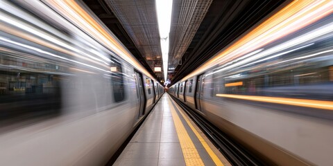 Aufkleber - Dynamic Urban Transit Aesthetic Commuters in Motion, Sleek Concrete and Metal Textures in Subway Station - Modern City Life Content and Public Transport Marketing
