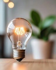 Leinwandbilder - Industrial Chic Lighting Design Edison Bulb on Wooden Surface with Greenery - Inspiring Creative Business Ideas in Tech and Marketing Innovation