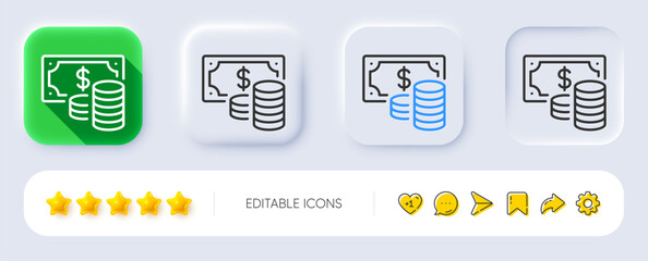 Wall Mural - Coins banknote line icon. Neumorphic, Flat shadow, 3d buttons. Cash money sign. Business income symbol. Line coins banknote icon. Social media icons. Vector