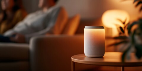 Fototapete - Modern Cozy Living Asian Middle-Aged Couple Using Smart Speaker in Wood-Textured Home for Seamless TV Control Enhancing Comfort in Smart Home Entertainment