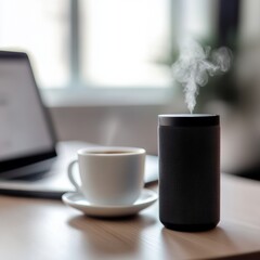 Fototapete - Scandi Minimalist Smart Speaker with Mug of Coffee on Wooden Desk - Enhancing Smart Workspaces for Digital Nomads and Modern Connected Living