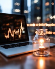 Fototapete - Ambient Urban Workspace Candlelit Glass and Digital Trends on Modern Desk - Innovative Business Analysis and Sustainable Project Management Tools