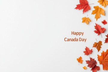 Wall Mural - Happy canada day greeting card with maple leaves forming a border on white background