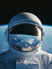 Poster - Futuristic Space Exploration Imaging Advanced Astronaut Gear Reflecting Lunar Terrain and Earth, Enhancing STEM Education and Scientific Advancements for Tech-Driven Futures