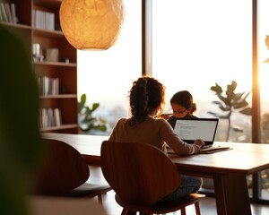 Poster - Contemporary Family Study Space Latina Mother Guides Child at Modern Wooden Desk with Laptop - Hybrid Learning and Remote Work Solutions for Modern Homes
