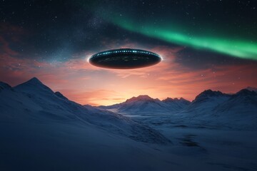 Aufkleber - Futuristic Sci-Fi Landscape Mystical Spaceship Over Snowy Peaks with Aurora - Elevate Visual Storytelling and Digital Marketing in Entertainment and Tech