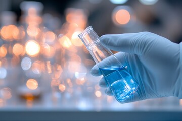 Fototapete - Tech-Enhanced Lab Aesthetic Close-up of Gloved Hands with Test Tube of Blue Liquid - Innovative STEM Collaboration and Digital Education Content