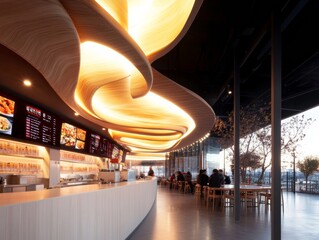 Poster - Minimalist Sports Stadium Interiors Sleek Digital Menu Concession Stands and Communal Seating in Modern Korean Arena - Enhancing Urban Safety and Commercial Efficiency